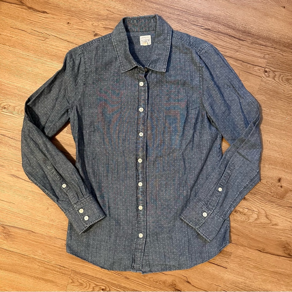 J.Crew Factory The Perfect Shirt Button Down Chambray Blue Polka Dot Size XS